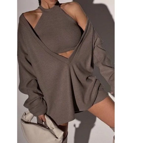NWT Brown Halter Cropped Tank & Pullover Cardigan Grownish 2 PIECE SET - Picture 1 of 4